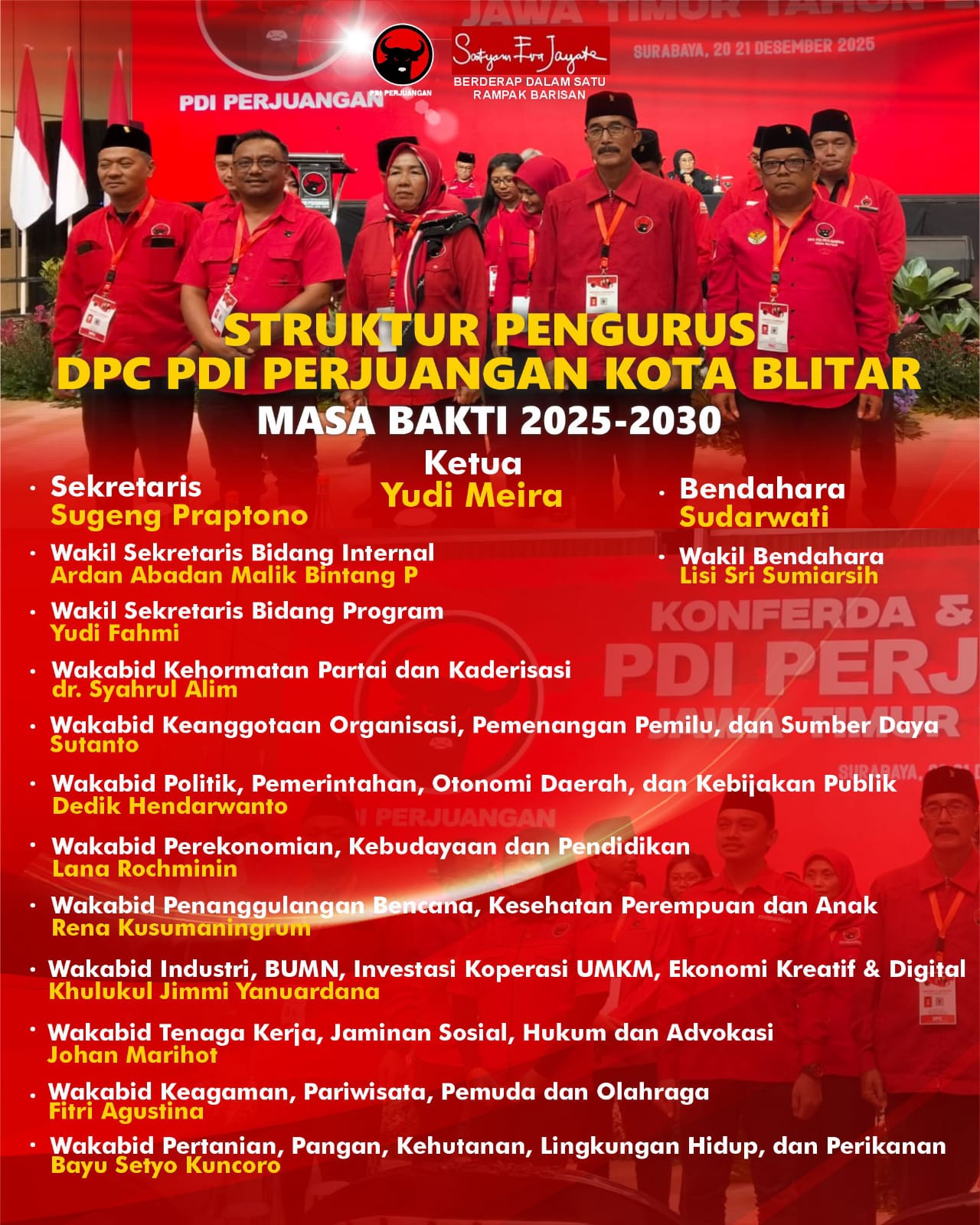 BUNG REBUT KEMBALI: Pengurus baru DPC PDIP Kota Blitar periode 2025-2030.