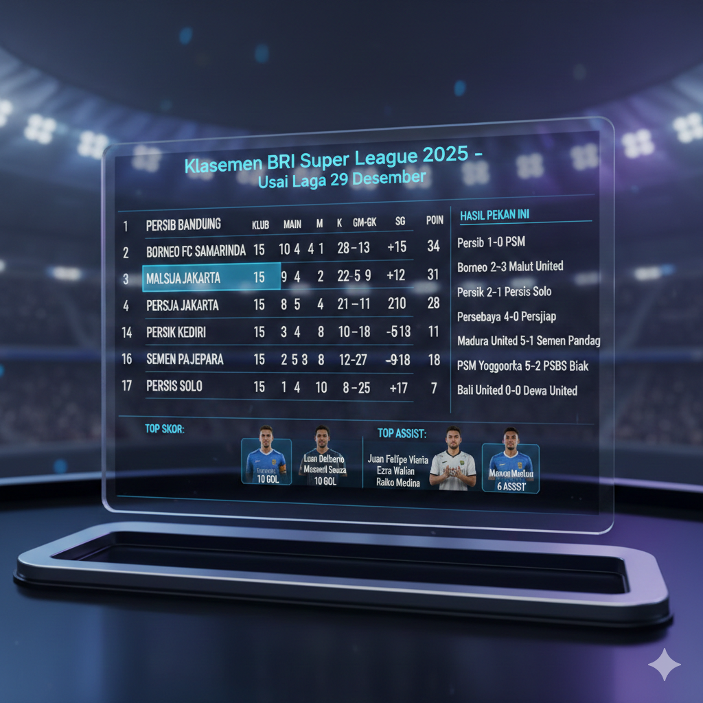 Klasemen Liga 1 2025 Terbaru Usai Laga 29 Desember: Persib Bandung Masih Tak Tergoyahkan, Persaingan Papan Atas Makin Ketat