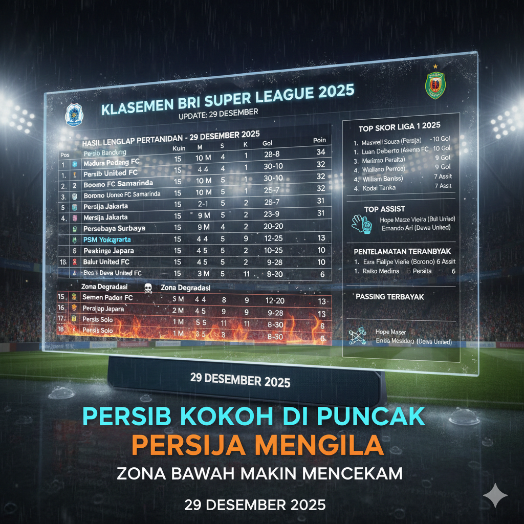 Klasemen Liga 1 2025 Terbaru Usai Hujan Gol 29 Desember: Persib Bandung Kokoh di Puncak, Persija Menggila, Zona Bawah Makin Mencekam