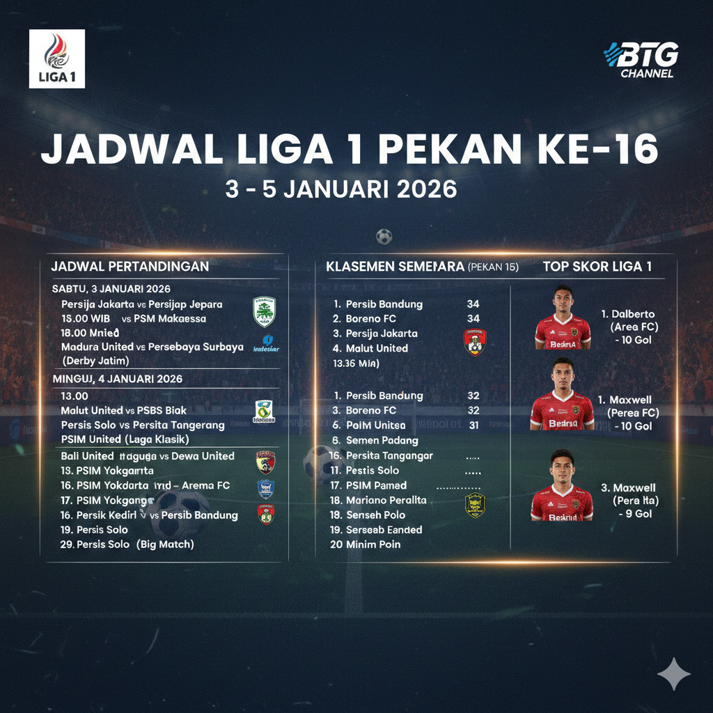 Jadwal Liga 1 Pekan ke-16 lengkap: big match, klasemen terbaru, dan top skor Liga 1 2025&ndash;2026. Jangan lewatkan laga panasnya!
