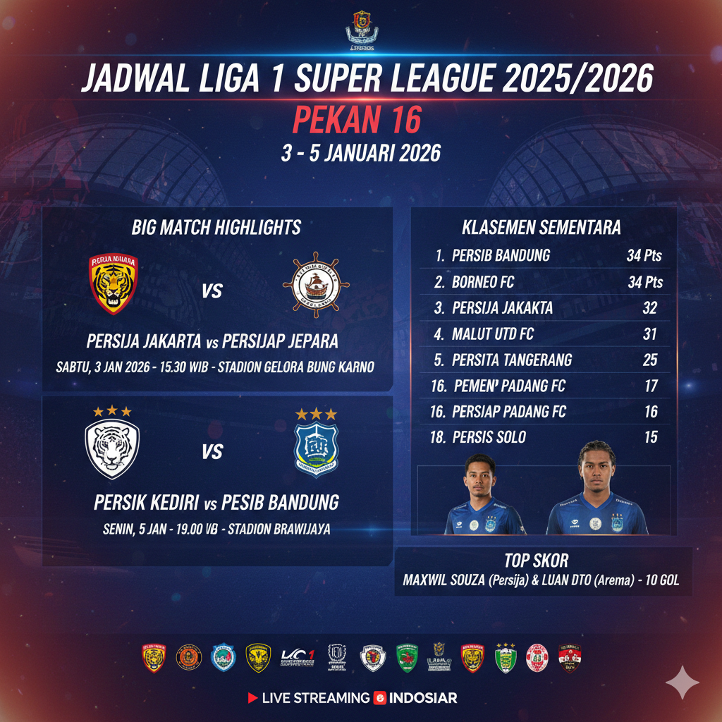Jadwal Liga 1 Super League 2025 2026 Pekan 16 Lengkap: Big Match Persija vs Jepara, Persib Tantang Persik, Klasemen & Top Skor Terbaru