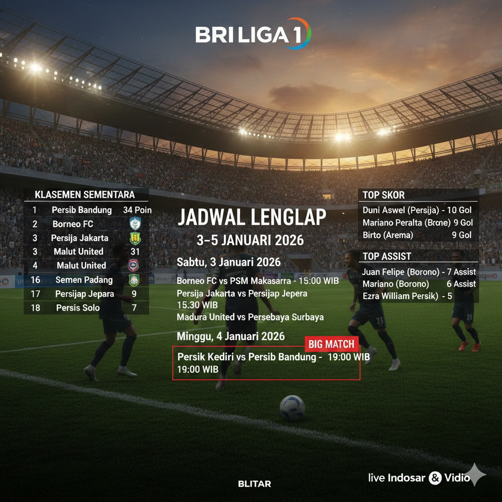 Jadwal BRI Liga 1 Pekan 16 Lengkap 3&ndash;5 Januari 2026: Big Match Persik vs Persib, Klasemen Memanas & Top Skor Terbaru