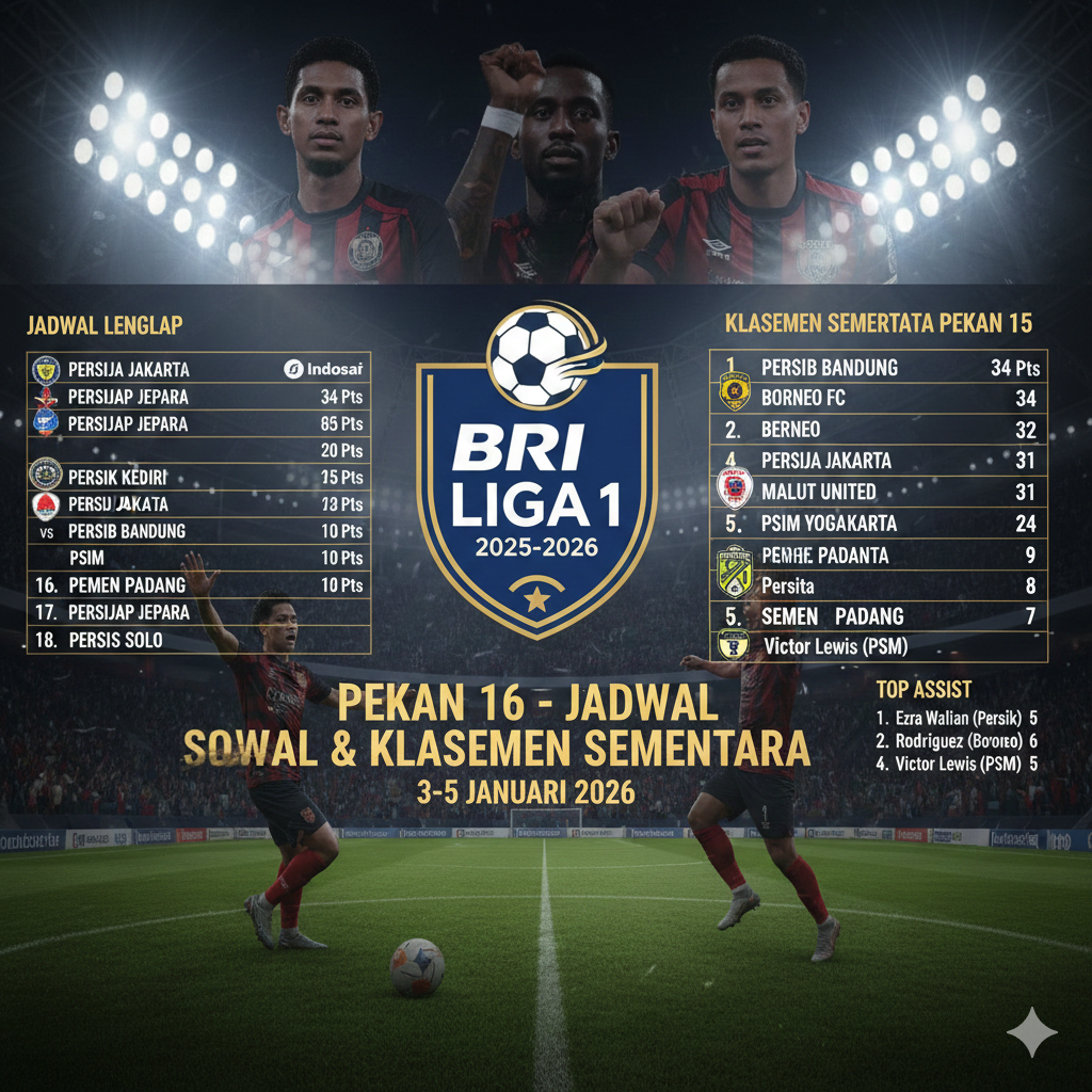 Jadwal BRI Liga 1 2025-2026 Pekan 16 Lengkap 3&ndash;5 Januari: Big Match Persija vs Persijap, Persik Kediri Tantang Persib