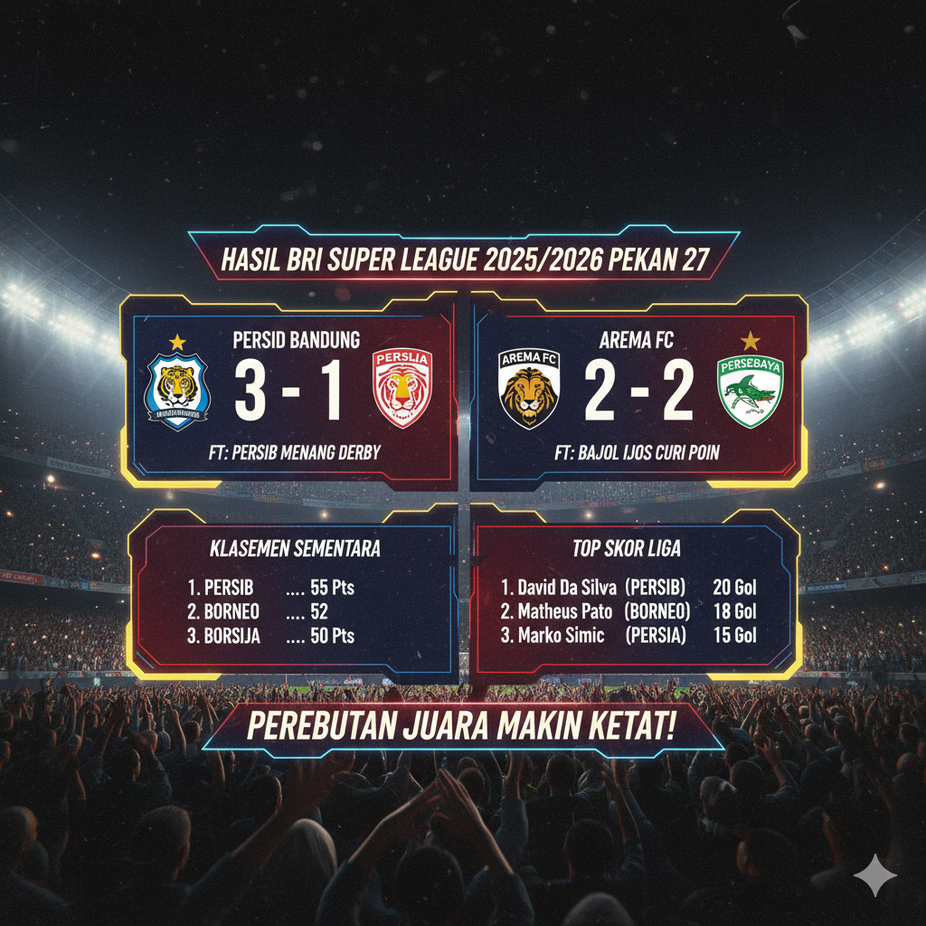 Jadwal BRI Super League 2025 Pekan ke-16 Lengkap: Persib vs Persik, Borneo Tantang PSM, Klasemen & Top Skor Terbaru