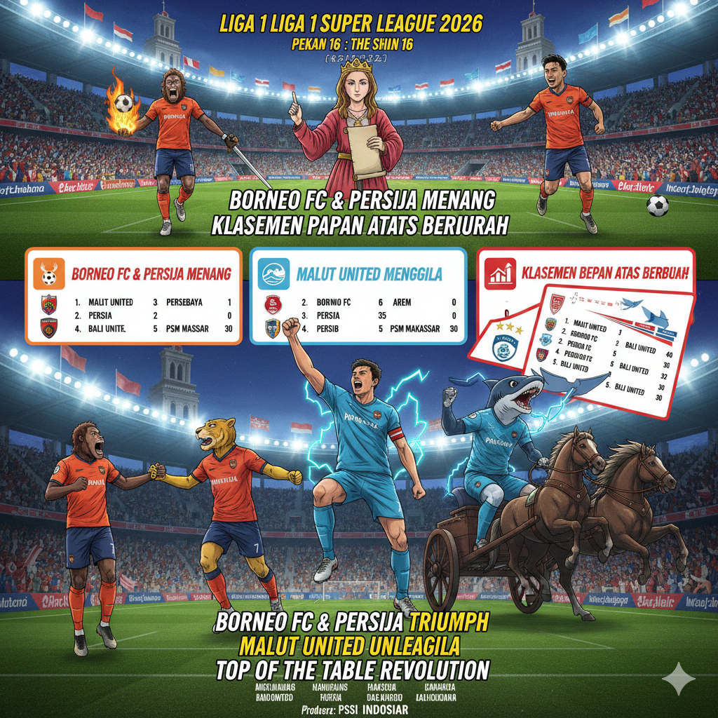 buatkan gambar beda gaya dari sebelumnya tentang Hasil Liga 1 Super League 2026 Pekan ke-16: Borneo FC & Persija Menang, Malut United Menggila, Klasemen Papan Atas Berubah