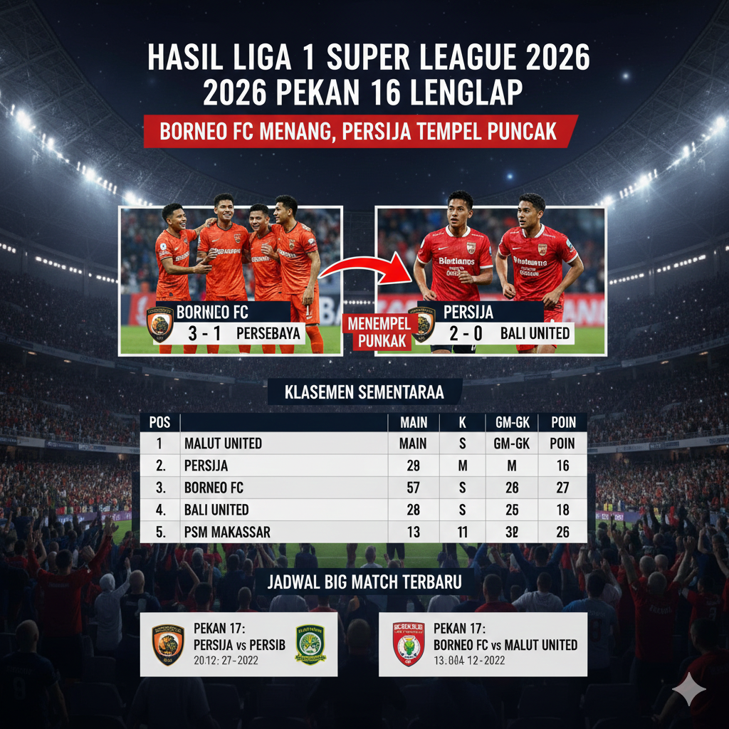 Hasil Liga 1 Super League 2026 Pekan ke-16 Lengkap: Borneo FC Menang, Persija Tempel Puncak, Klasemen & Jadwal Big Match Terbaru