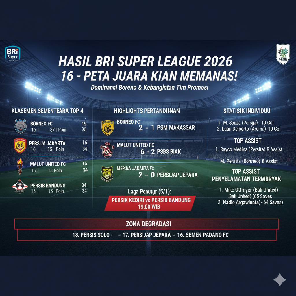 Simak Hasil BRI Super League 2026 terbaru! Borneo FC kokoh di puncak, Malut United pesta gol 6-2, dan jadwal Persib vs Persik malam ini. Klik di sini!