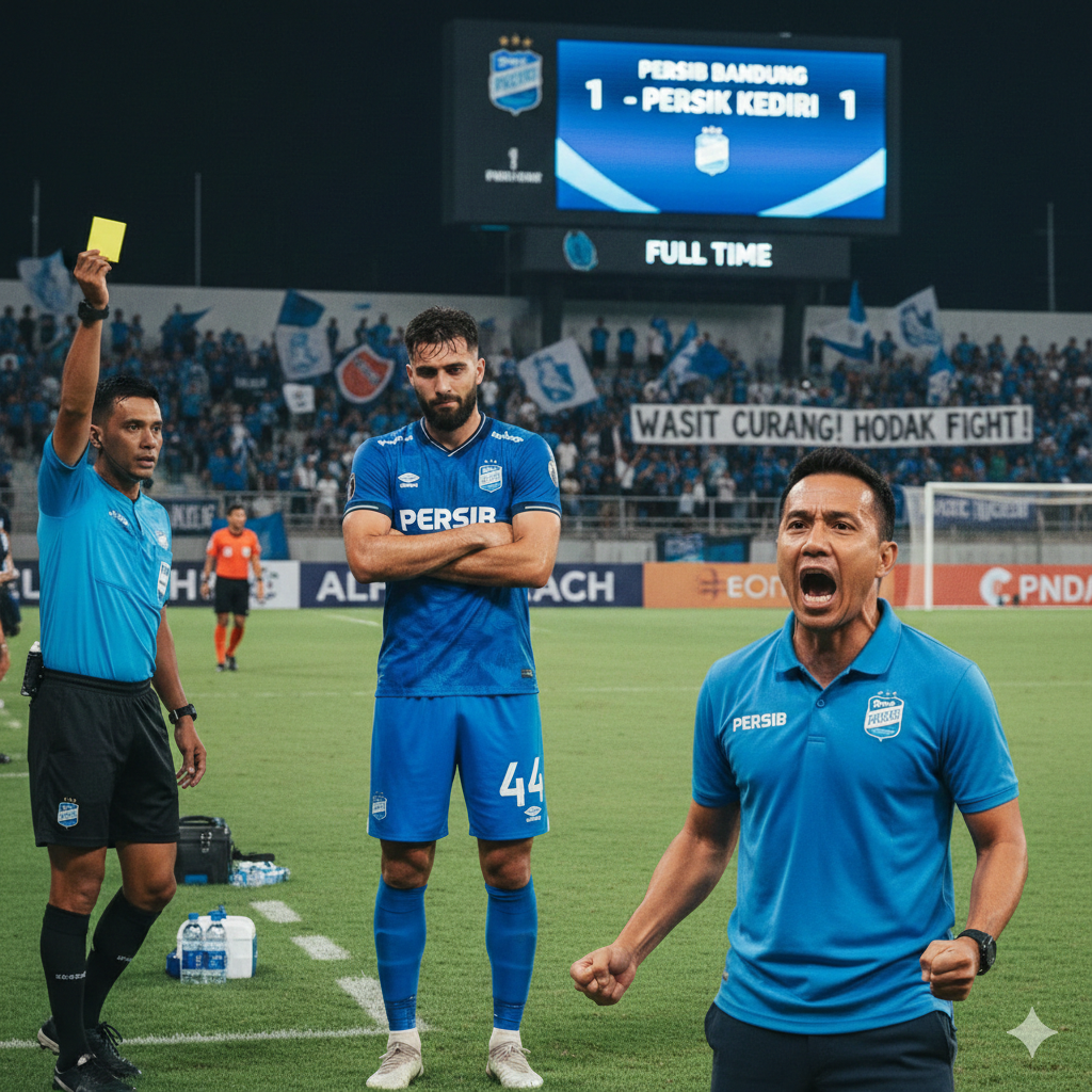 buatkan foto beda gaya dari sebelumnya tentang Persib Bandung Disorot Usai Imbang Lawan Persik Kediri, Bojan Hodak Murka ke Wasit hingga Isyarat Perpisahan Federico Barba