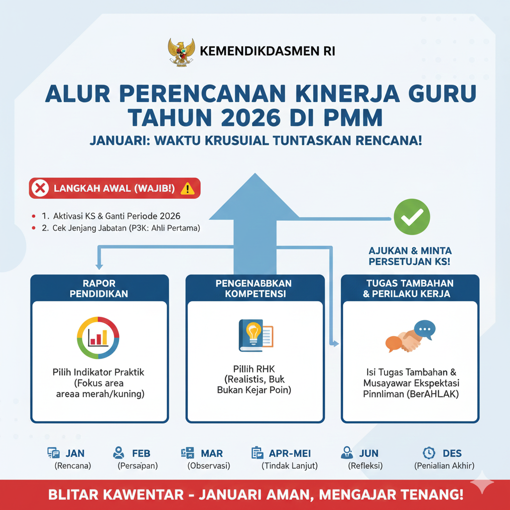 Simak cara cepat susun Perencanaan Kinerja Guru Tahun 2026 di PMM! Panduan ganti periode, set jenjang P3K, hingga tips aktivasi RHK kepala sekolah.