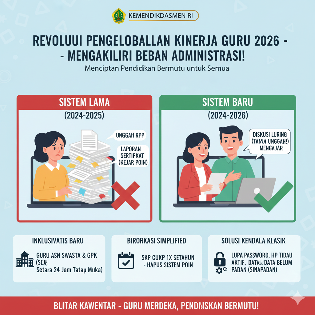 Cek aturan baru Pengelolaan Kinerja Tahun 2026! Hapus sistem poin, bebas unggah dokumen, dan kemudahan bagi guru ASN sekolah swasta. Simak di sini!