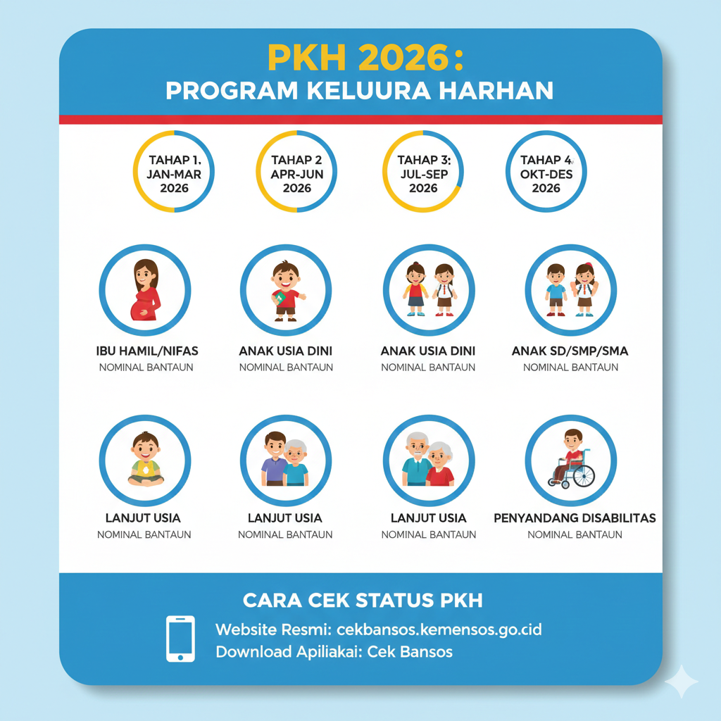 Info terbaru PKH 2026! Simak jadwal pencairan 4 tahap, daftar kategori penerima, dan cara cek status bantuan melalui situs resmi Kemensos di sini.