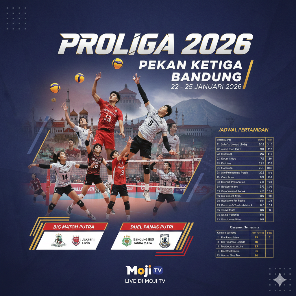 Jadwal Proliga 2026 pekan ketiga Seri Bandung lengkap dengan big match Lavani vs Samator serta update klasemen putra-putri terbaru.