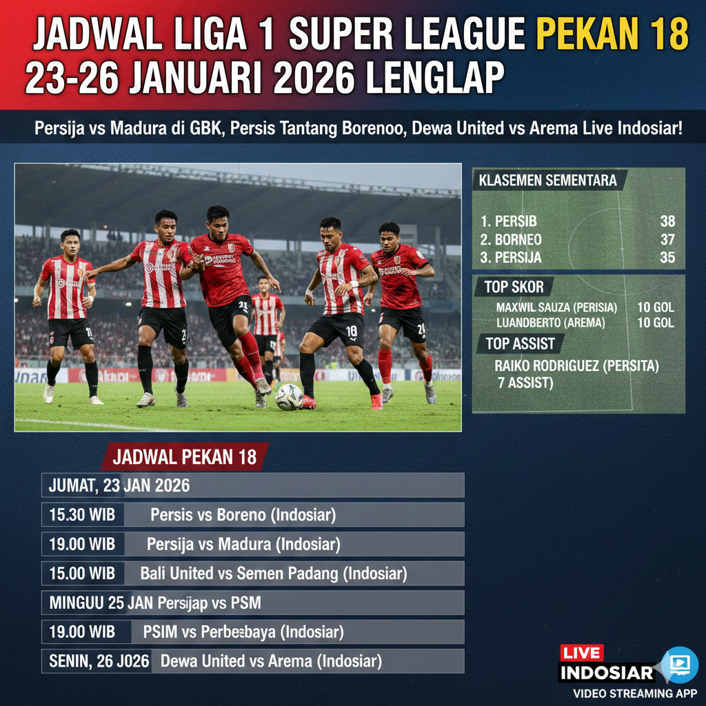 Jadwal Liga 1 Super League Pekan 18 23-26 Januari 2026 Lengkap: Persija vs Madura di GBK, Persis Tantang Borneo, Dewa United vs Arema Live Indosiar!