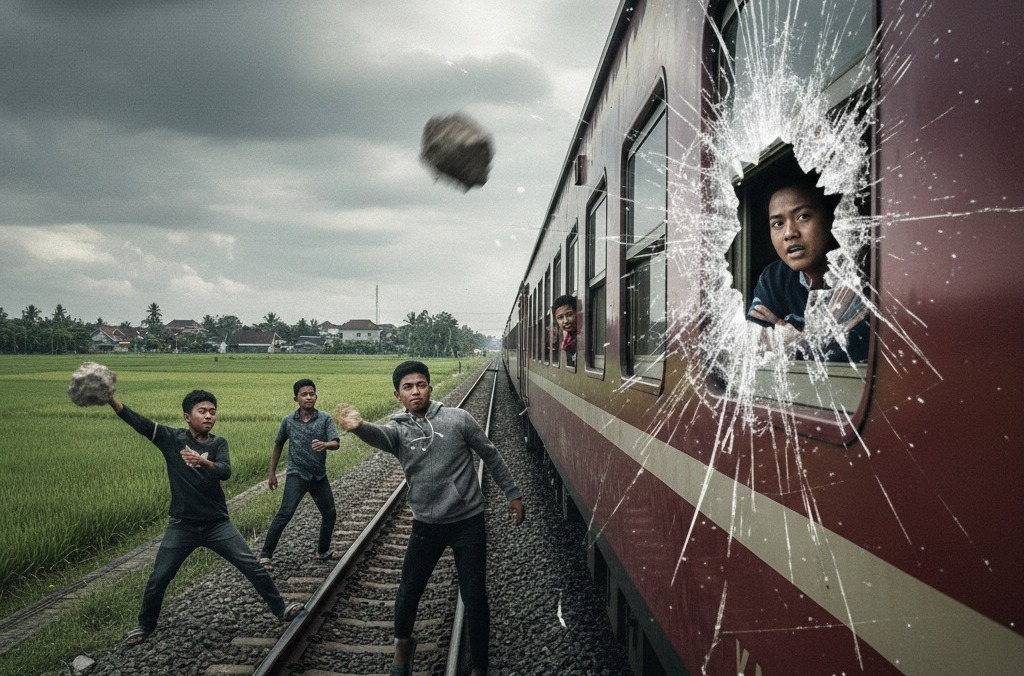 Aksi vandalisme terhadap kereta api (KA) masih terjadi di sekitar jalur rel. Salah satu bentuknya yakni pelemparan batu ke KA yang sedang melintas.