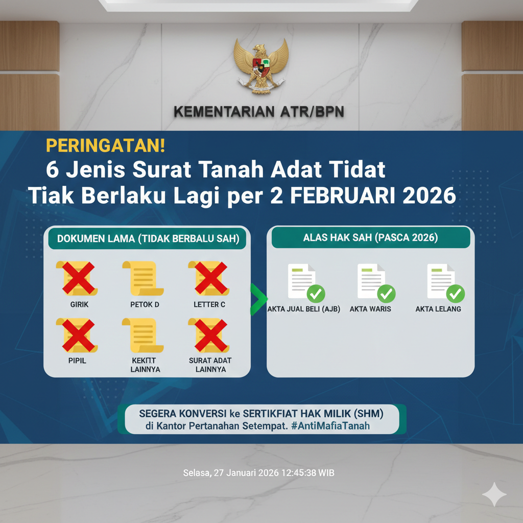 Waspada! 6 surat tanah tradisional tidak berlaku mulai Februari 2026 menurut PP 18/2021. Segera urus sertifikat SHM di BPN agar aset tanah Anda aman!