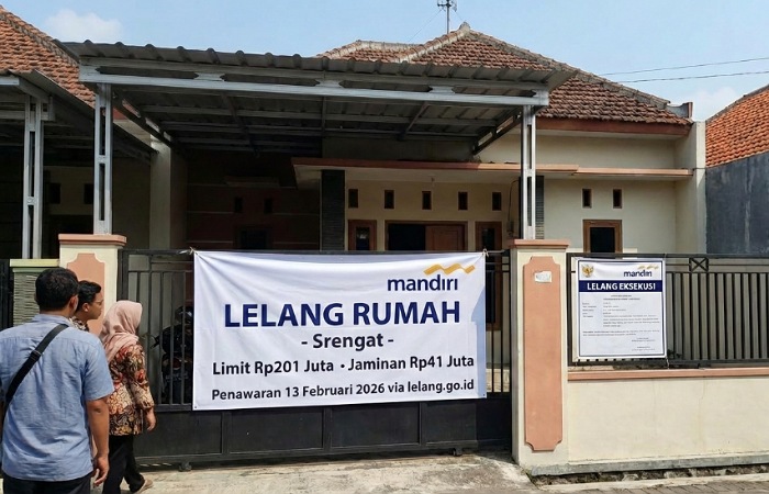 Bank Mandiri lelang rumah di Desa Bagelenan, Kecamatan Srengat, Blitar via lelang.go.id. Limit Rp201 juta, jaminan Rp41 juta, penawaran 13 Februari 2026.
