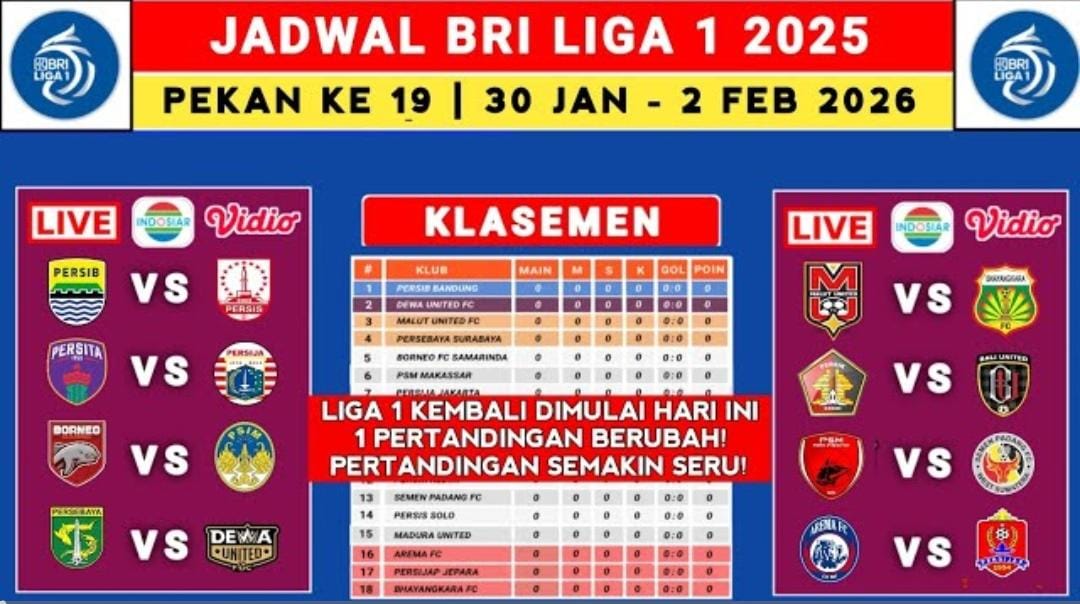 Jadwal Liga 1 Super League 2025 dan 2026 pekan ke-19 menyajikan big match Persija vs Persita hingga Persib vs Persis Solo.