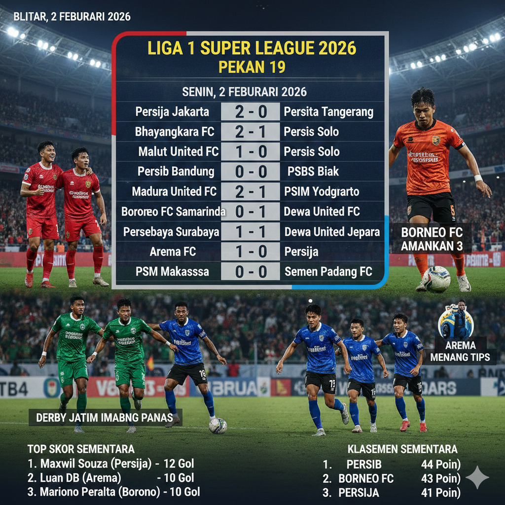 Hasil Liga 1 Super League 2026 Pekan 19 Lengkap: Persija Menang di Tangerang, Borneo FC Taklukkan PSIM, Klasemen Memanas!