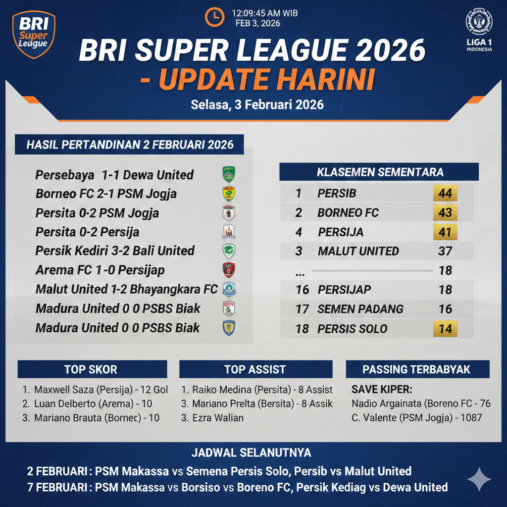 Hasil BRI Super League 2026 Hari Ini: Persib Bandung Kokoh di Puncak, Borneo FC Tempel Ketat, Persija Menang di Tangerang
