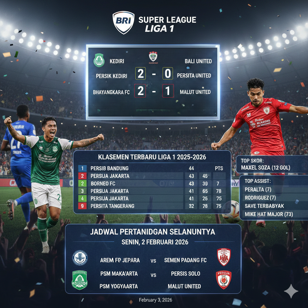 Hasil BRI Super League Liga 1 2025-2026 Hari Ini: Persik Kediri Tumbangkan Bali United, Persib Pimpin Klasemen, Top Skor Kian Panas