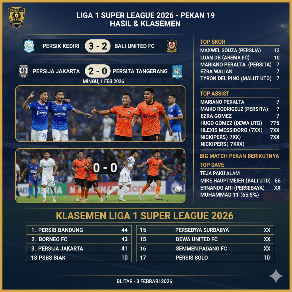Hasil Liga 1 Super League 2026 Pekan 19: Persik Tumbangkan Bali United, Persija Menang, Klasemen Makin Panas!