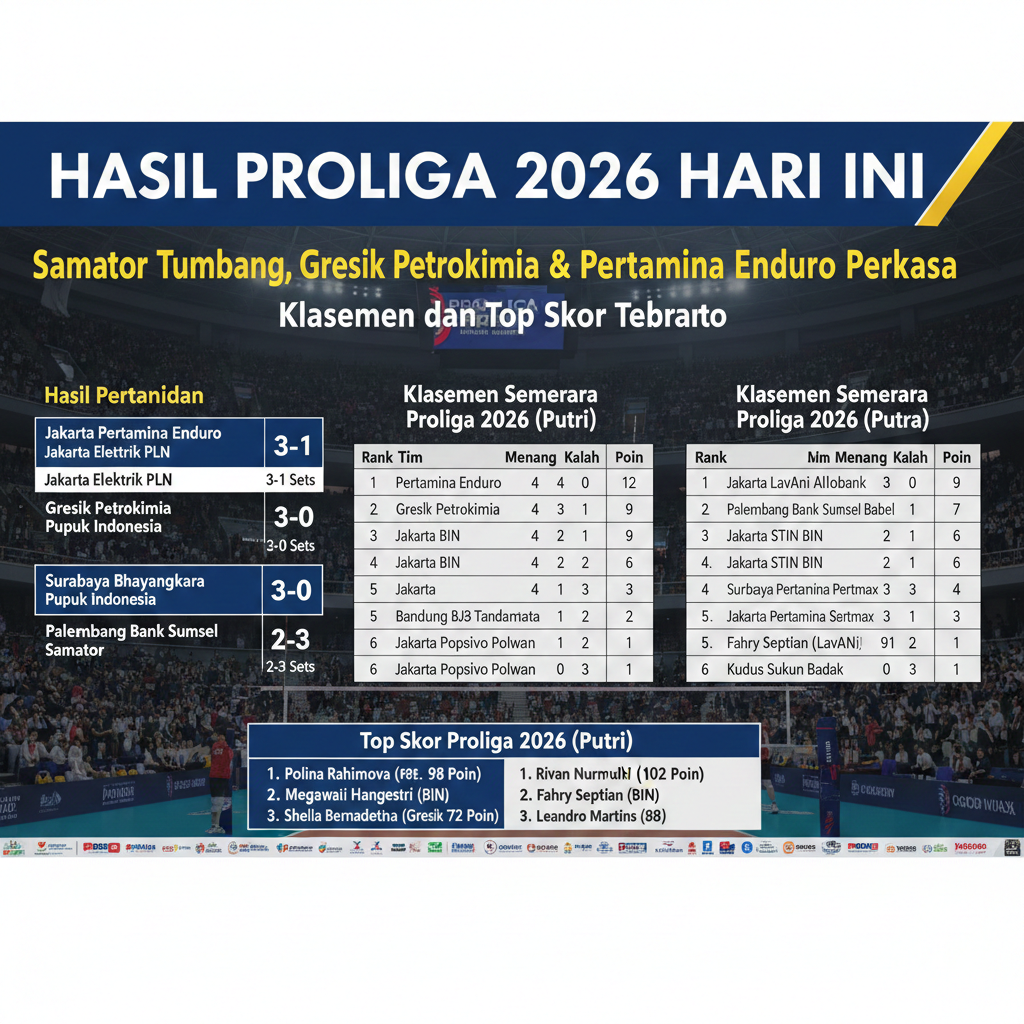 Hasil Proliga 2026 Hari Ini: Samator Tumbang, Gresik Petrokimia & Pertamina Enduro Perkasa, Klasemen dan Top Skor Terbaru