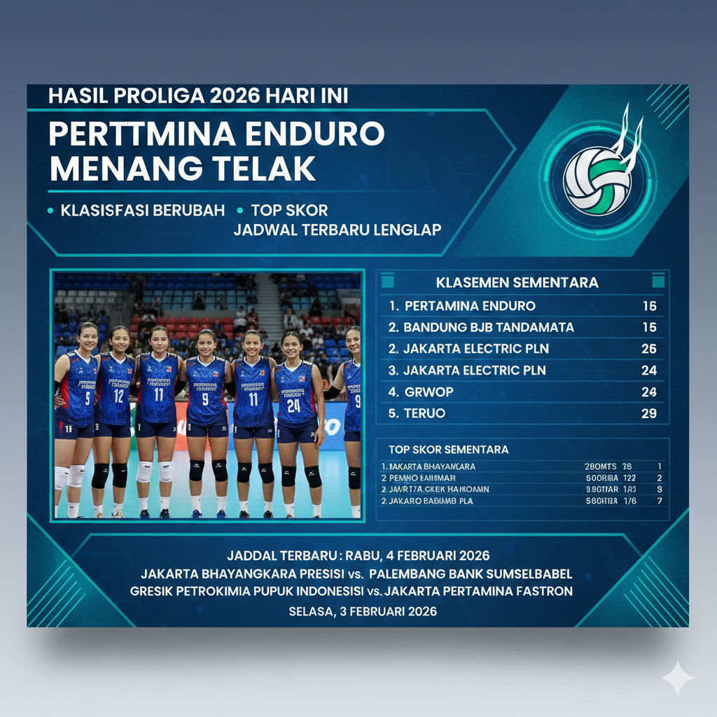 Hasil Proliga 2026 Hari Ini: Pertamina Enduro Menang Telak, Klasemen Berubah, Top Skor dan Jadwal Terbaru Lengkap