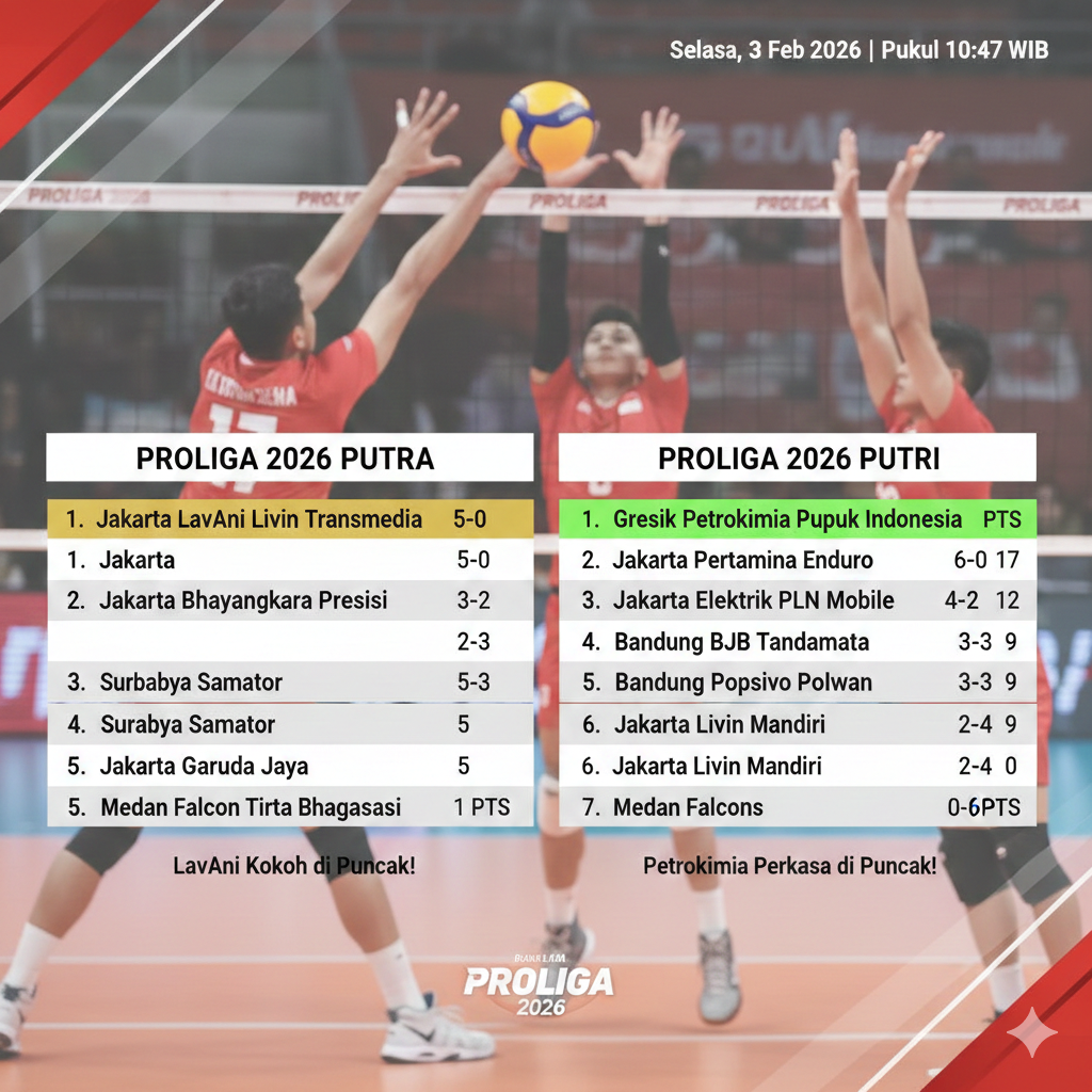 Klasemen Proliga 2026 terbaru kembali mengalami dinamika penting usai rangkaian pertandingan yang digelar pada Sabtu, 31 Januari 2026. Baik di sektor putra maupun putri, persaingan antartim papan atas