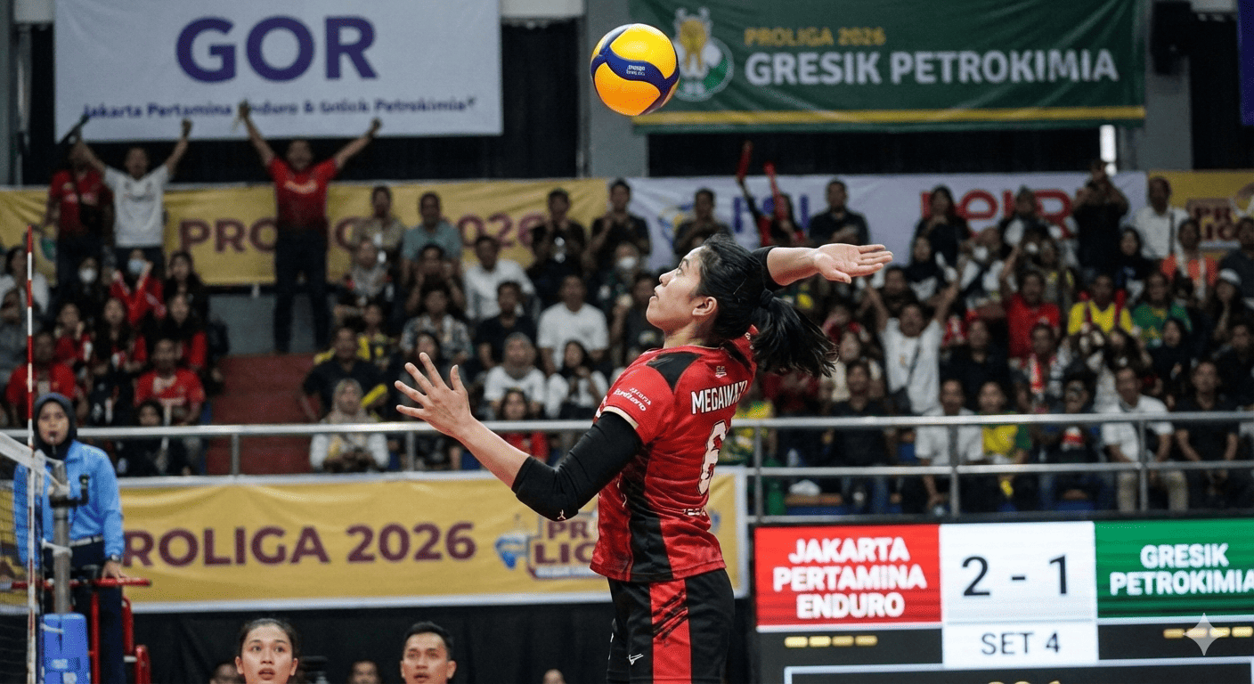 Aksi gemilang Megawati Hangestri Pertiwi saat melepaskan spike keras untuk Jakarta Pertamina Enduro di tengah sengitnya laga Proliga 2026.