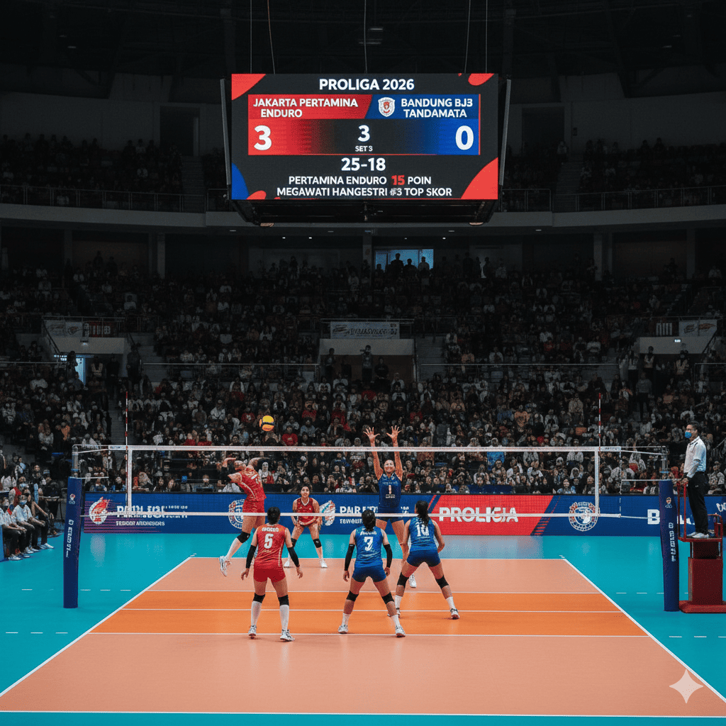 Jakarta Pertamina Enduro menang telak 3-0 atas BJB Tandamata, sekaligus membawa Megawati Hangestri melesat ke posisi tiga besar top skor Proliga 2026.