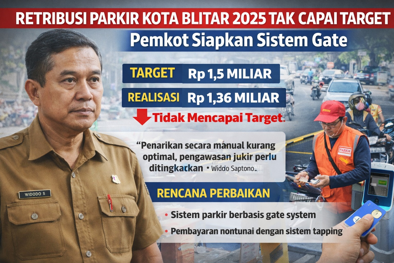 Pendapatan retribusi parkir tepi jalan di Kota Blitar sepanjang 2025 belum mencapai target yang ditetapkan. Dari target sebesar Rp 1,5 miliar.