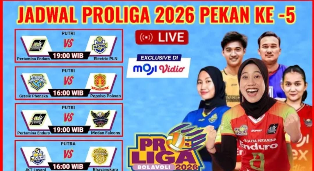 Jadwal Proliga 2026 pekan kelima di Malang menghadirkan duel Lavani vs Bhayangkara dan Pertamina Enduro vs Elektrik PLN.