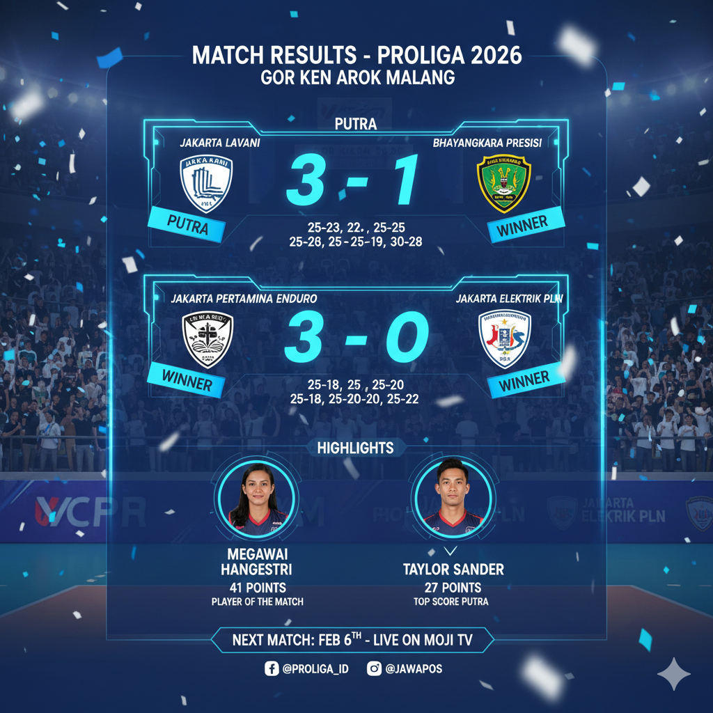 Cek Jadwal Proliga 2026 seri Malang hari ini! Megawati Hangestri vs Neriman Ozsoy di Gor Ken Arok. Live Moji TV mulai 5-8 Februari
