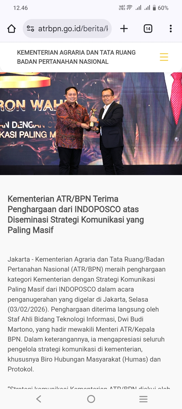 ATR/BPN Raih Penghargaan Strategi Komunikasi Paling Masif