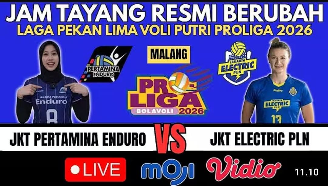 Jam tayang Jakarta Pertamina Enduro vs Jakarta Elektrik PLN di Proliga 2026 dimajukan. Duel Mega Hangestri vs Neriman Osoy jadi sorotan.