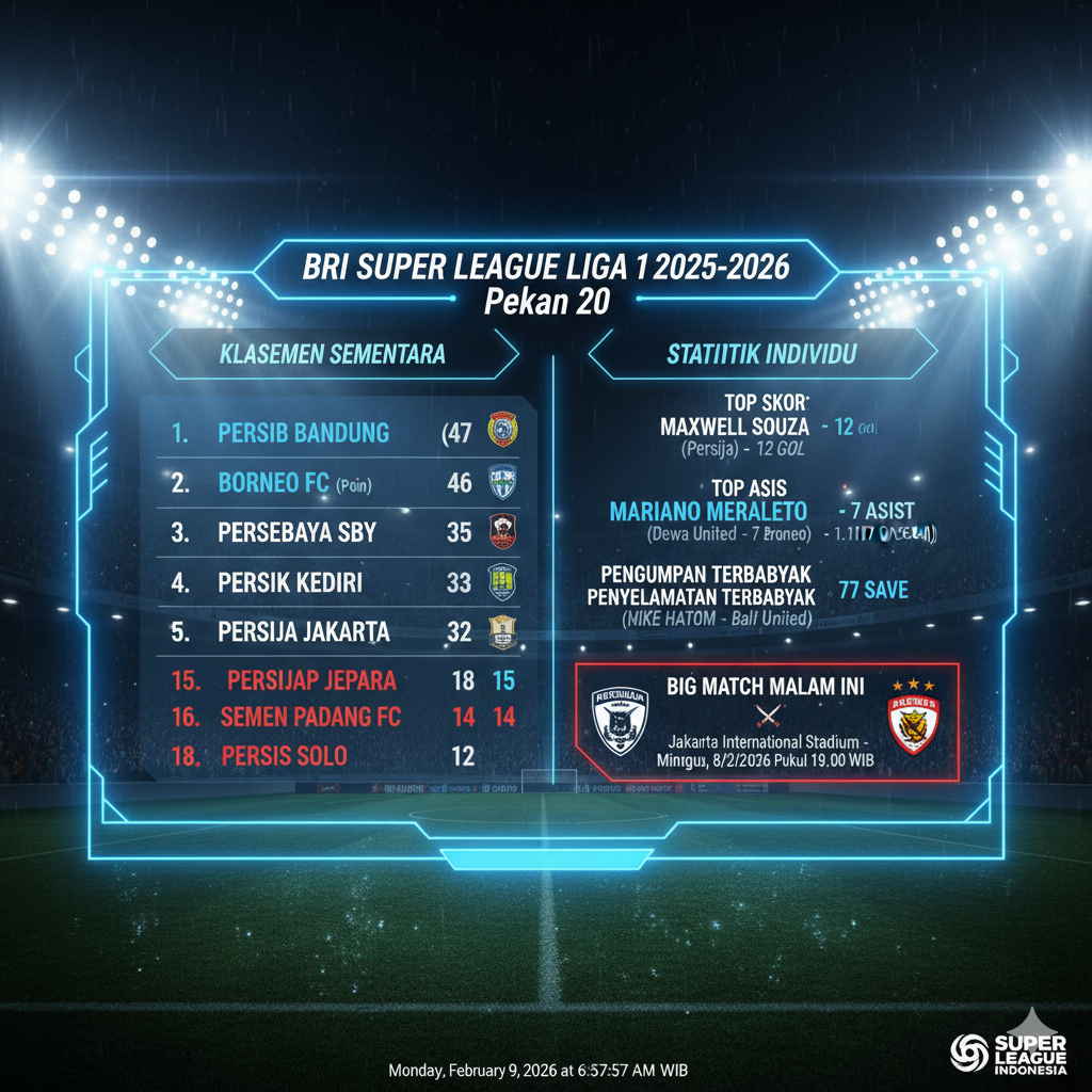 Persib Bandung pimpin klasemen BRI Super League usai kalahkan Malut United. Simak hasil lengkap pekan ke-20, top skor Maxwell Souza, dan jadwal Persija vs Arema!