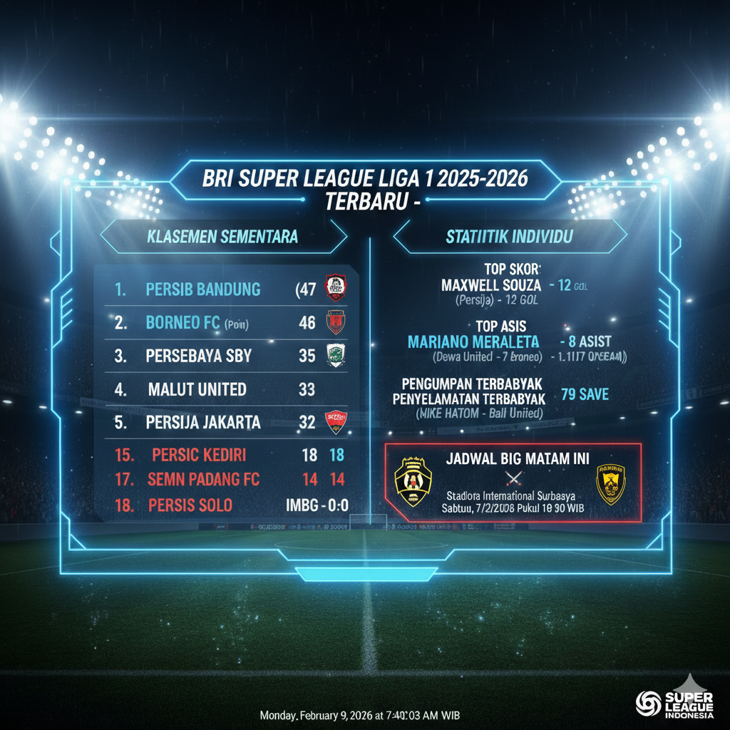 Persib Bandung pimpin klasemen BRI Super League 2026 usai kalahkan Malut United. Simak hasil lengkap pekan ke-20, top skor Maxwell Souza, dan jadwal Persija vs Arema!