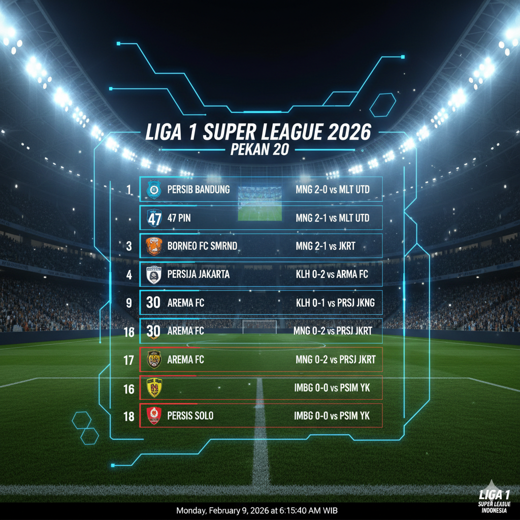 Persib Bandung kokoh di puncak klasemen Liga 1 2026 usai kalahkan Malut United. Simak hasil lengkap pekan ke-20, top skor, hingga jadwal pekan ke-21 di sini!