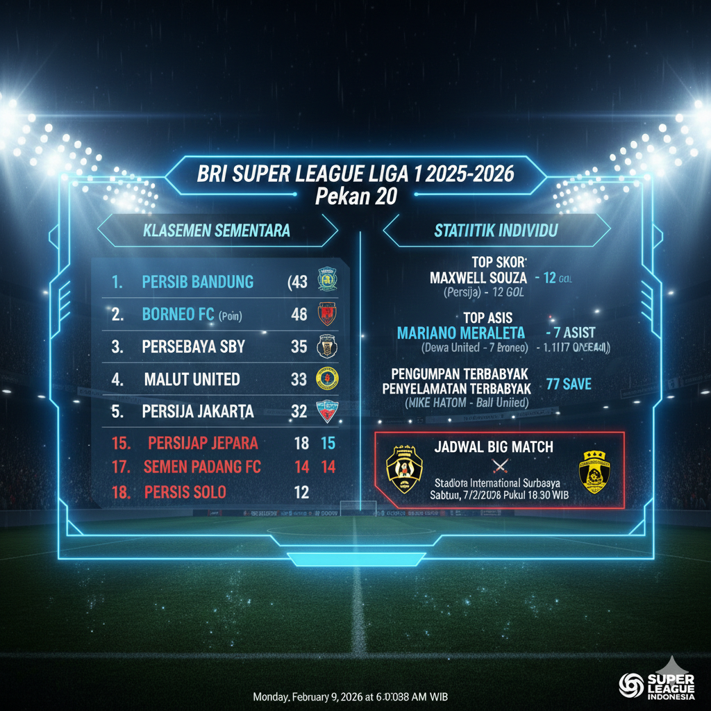 Persib Bandung kokoh di puncak klasemen Liga 1 usai tekuk Malut United 2-0. Simak hasil lengkap pekan ke-20, klasemen terbaru, hingga top skor Maxwell Sauza di sini!