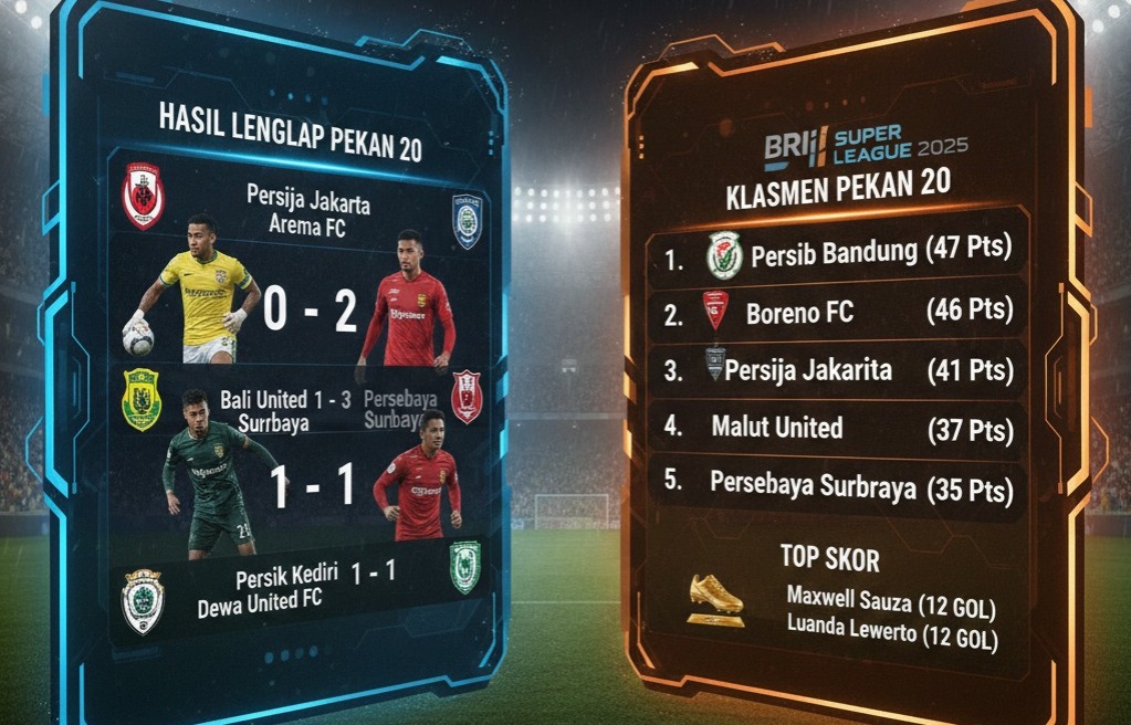 Cek Hasil Lengkap BRI Super League 2025 Pekan 20: Persib puncak, Arema bungkam Persija, & kemenangan Persik Kediri. Update klasemen & top skor!