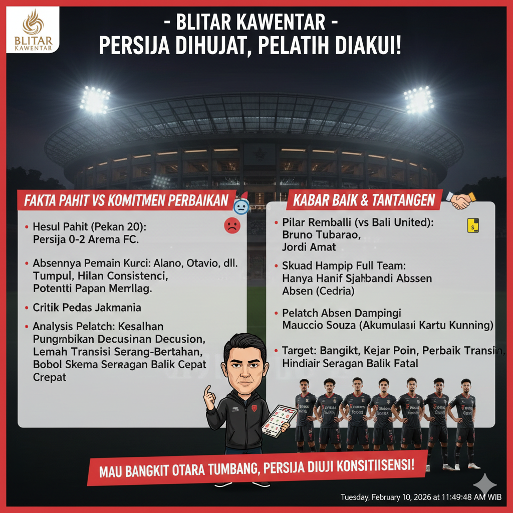 Persija Jakarta dibungkam Arema FC, Jakmania meradang! Mauricio Souza akui salah strategi & absen lawan Bali United. Simak fakta lengkapnya!