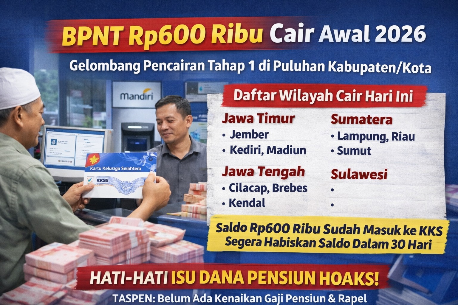 BPNT tahap 1 2026 cair Rp600 ribu di KKS Mandiri di 50 kota. Simak klarifikasi resmi PT TASPEN soal isu kenaikan gaji pensiun dan rapel terbaru di sini.