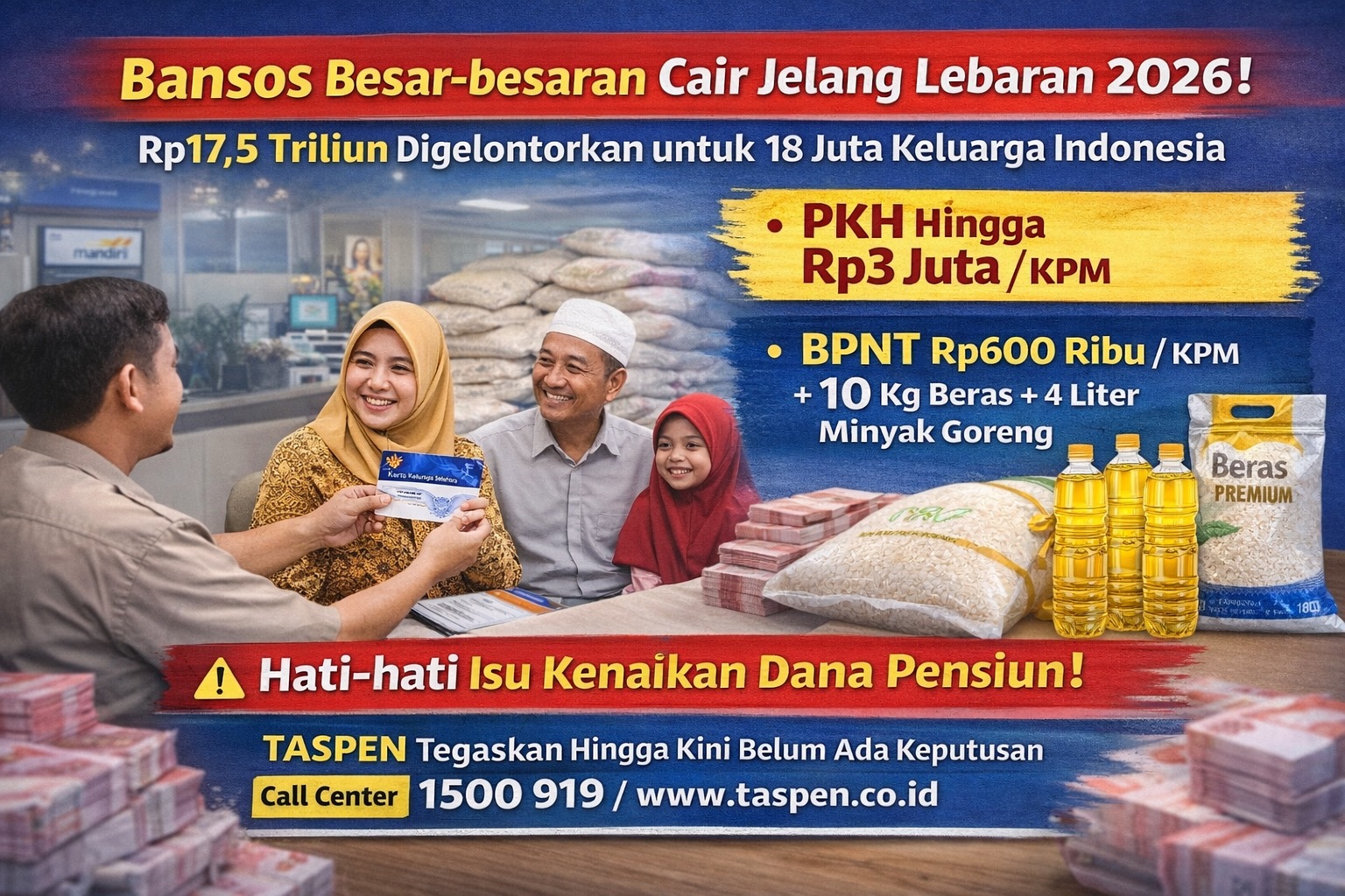 Info bansos jelang Lebaran 2026 cair Rp17,5 triliun. Cek fakta PT TASPEN Kediri soal kenaikan gaji pensiun 2025 dan isu rapel yang viral di sini.