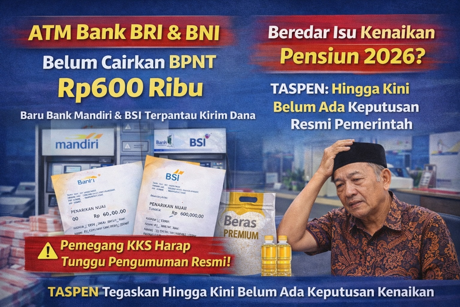 BPNT tahap 1 2026 resmi cair di Bank Mandiri dan BSI. Simak juga klarifikasi PT TASPEN Kediri soal isu kenaikan gaji pensiun dan rapel yang viral.