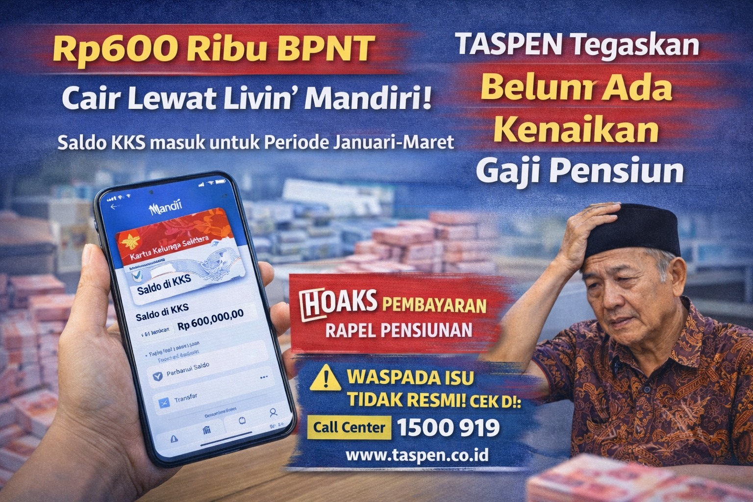 BPNT tahap 1 2026 cair Rp600 ribu di KKS Mandiri hari ini. Cek klarifikasi resmi PT TASPEN soal hoaks kenaikan gaji pensiun dan rapel terbaru di sini.