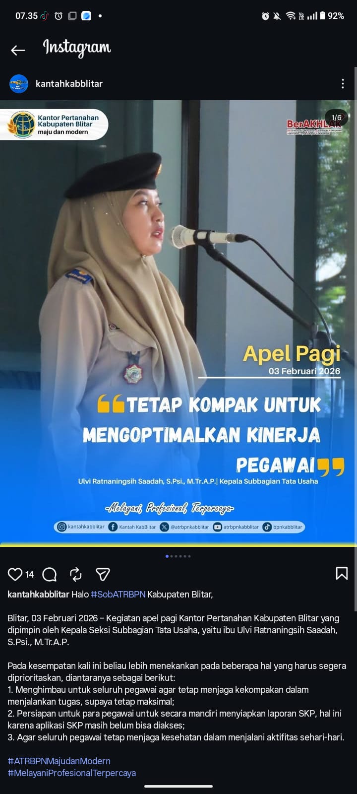 Kasubag TU Kantor Pertanahan Kabupaten Blitar minta pegawai siapkan laporan SKP mandiri dan jaga kekompakan saat apel pagi.