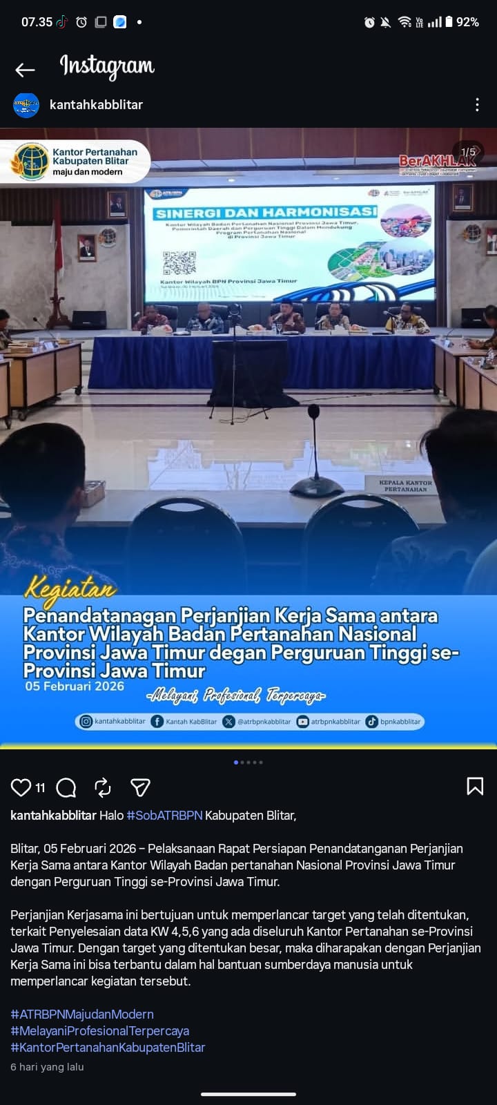 Kanwil BPN Jatim gandeng Perguruan Tinggi se-Jawa Timur perkuat SDM guna percepat penyelesaian target data KW 4, 5, dan 6.
