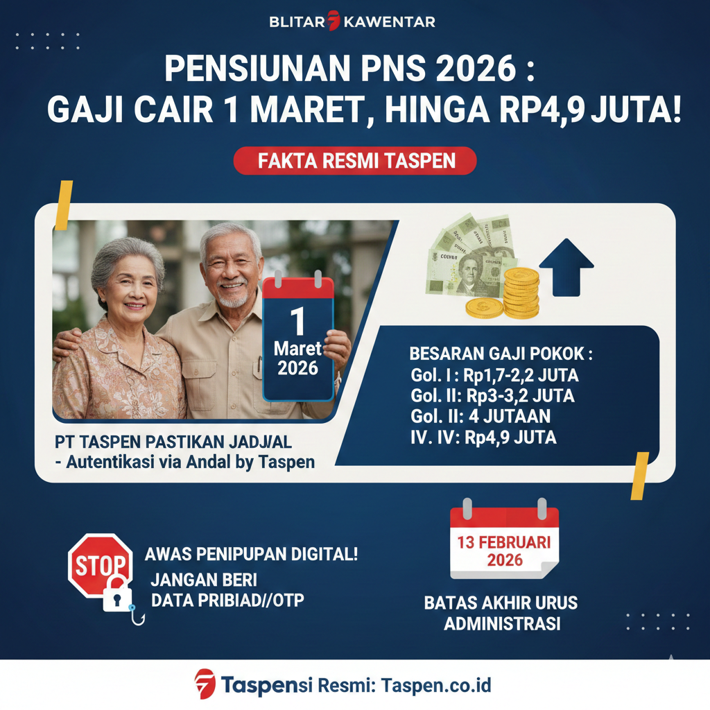 Resmi dari Taspen! Kenaikan Gaji Pensiunan PNS 2026 Cair 1 Maret, Bisa Capai Rp4,9 Juta &ndash; Waspada Penipuan dan Batas Akhir 13 Februari