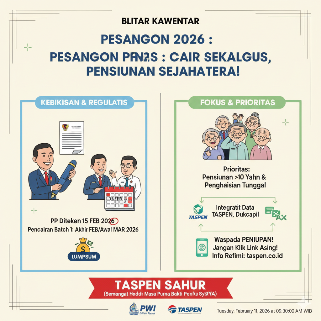 Isu PP Pesangon Pensiunan PNS diketok 15 Februari 2026. Simak skema pencairan sekaligus, daftar prioritas batch 1, dan peringatan dari PT TASPEN di sini.