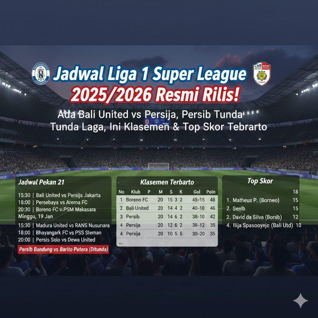 Jadwal Liga 1 Super League 2025/2026 Pekan 21 Resmi Rilis! Ada Bali United vs Persija, Persib Tunda Laga, Ini Klasemen & Top Skor Terbaru